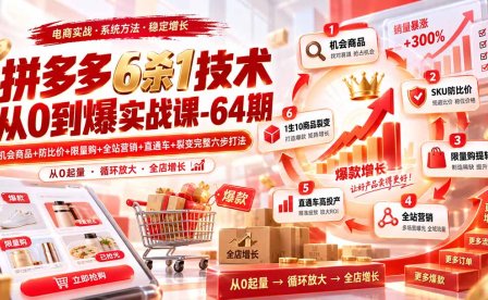 拼多多6杀1技术从0到爆实战课-64期：机会商品+防比价+限量购+全站营销+直通车+裂变完整六步打法